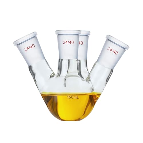 Deschem 150ml 24/40 Flat Bottom Glass Flask Lab Plat-Form Vessel Laboratory Bottle (Four Necks)