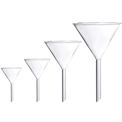 Young4us Glass Funnel Set, 4 Pcs Lab Borosilicate Glass Funnels, 100mm (170mm Length), 75mm (130mm), 50mm (90mm) & 40mm (70mm) Diameter