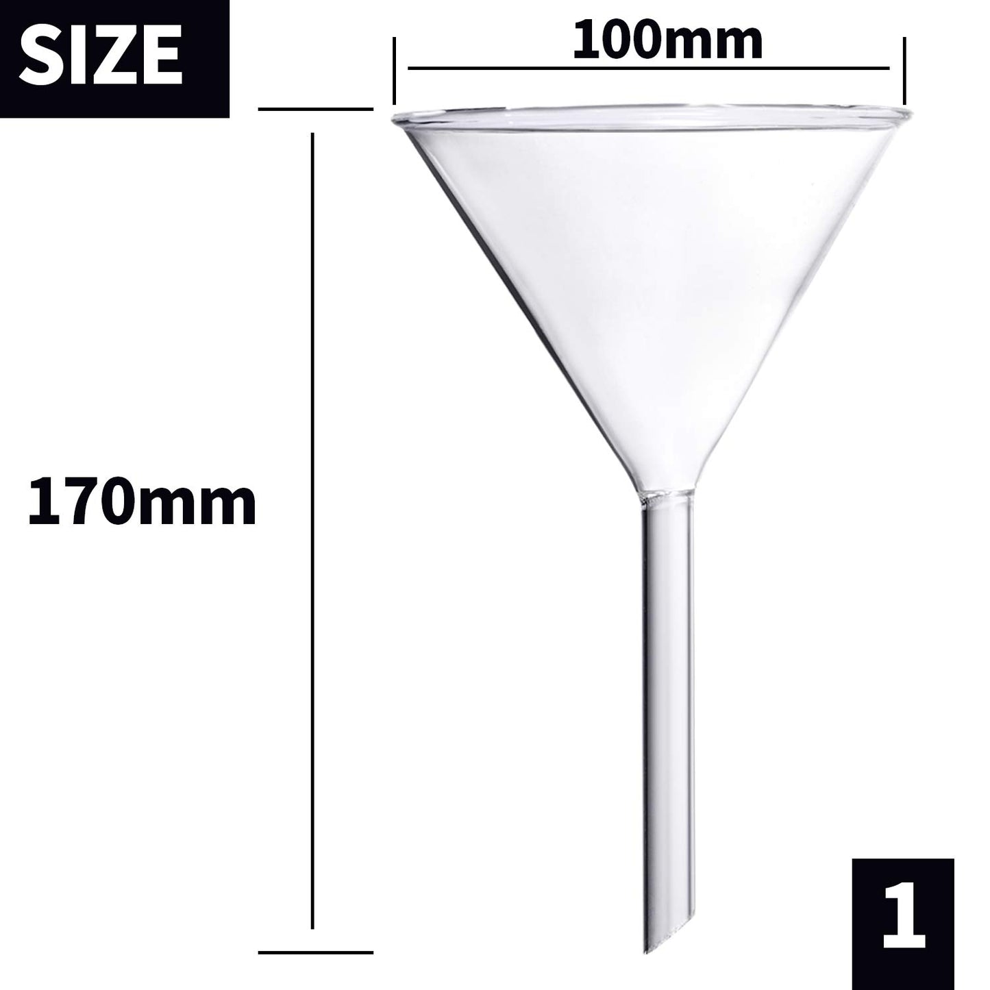 Young4us Glass Funnel Set, 4 Pcs Lab Borosilicate Glass Funnels, 100mm (170mm Length), 75mm (130mm), 50mm (90mm) & 40mm (70mm) Diameter