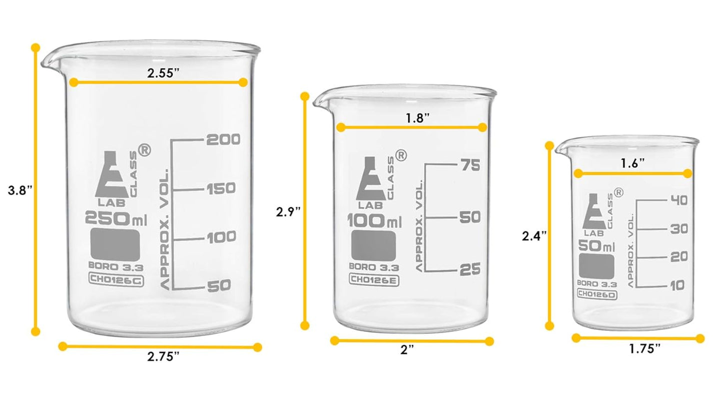 EISCO Laboratory Glassware Set, 9pcs - Includes Beaker Set (3pcs), Erlenmeyer Flask Set (3pcs), ASTM Class A Graduated Cylinder Set (3pc) - Chemistry Glassware - Made of Borosilicate 3.3 Glass