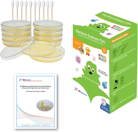 EZ BioResearch Bacteria Science Kit (IV) (Gift Pack): Prepoured LB-Agar Plates and Cotton Swabs. Exclusive Free Science Fair Project E-Book Packed with Award Winning Experiments. (IV Gift Pack)