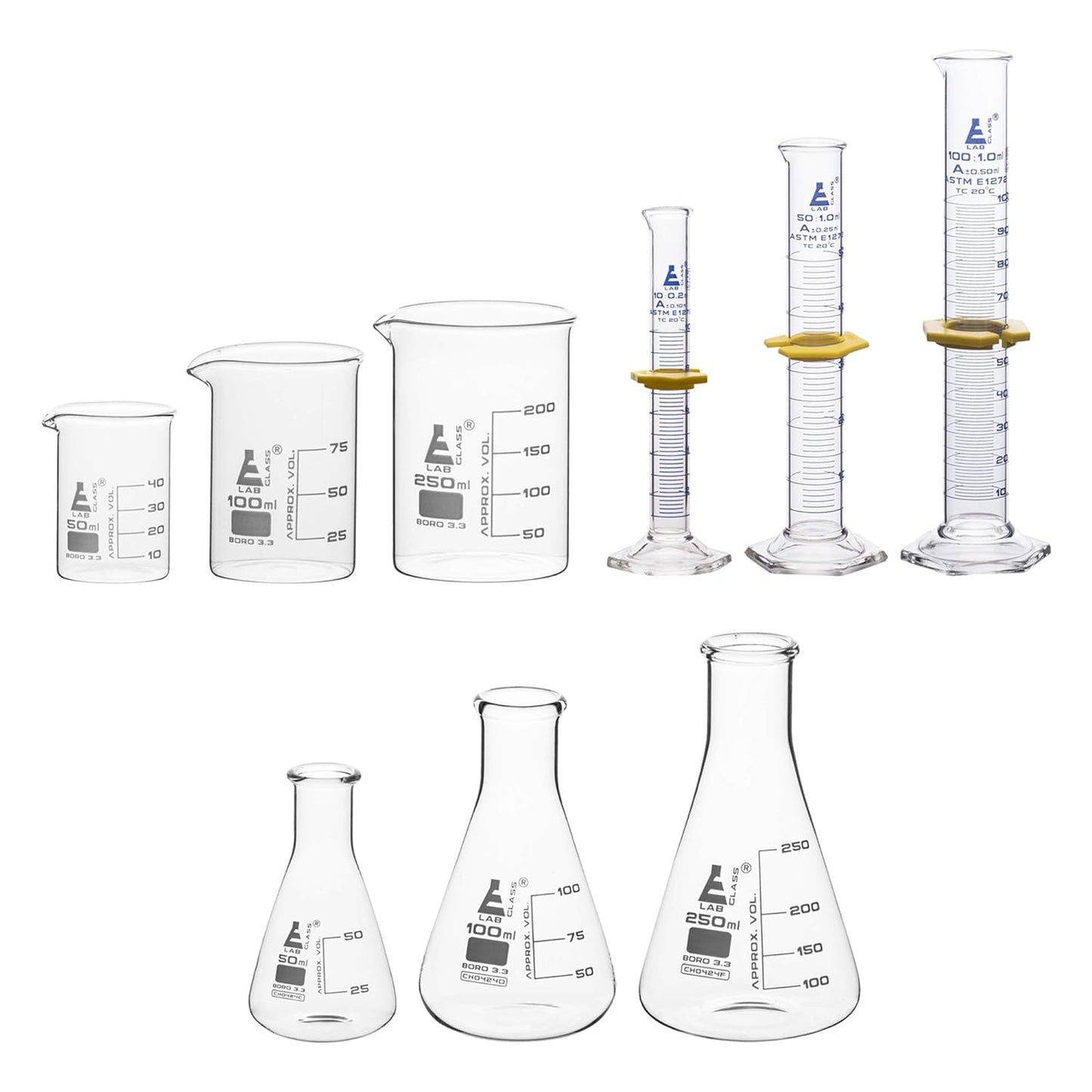 EISCO Laboratory Glassware Set, 9pcs - Includes Beaker Set (3pcs), Erlenmeyer Flask Set (3pcs), ASTM Class A Graduated Cylinder Set (3pc) - Chemistry Glassware - Made of Borosilicate 3.3 Glass