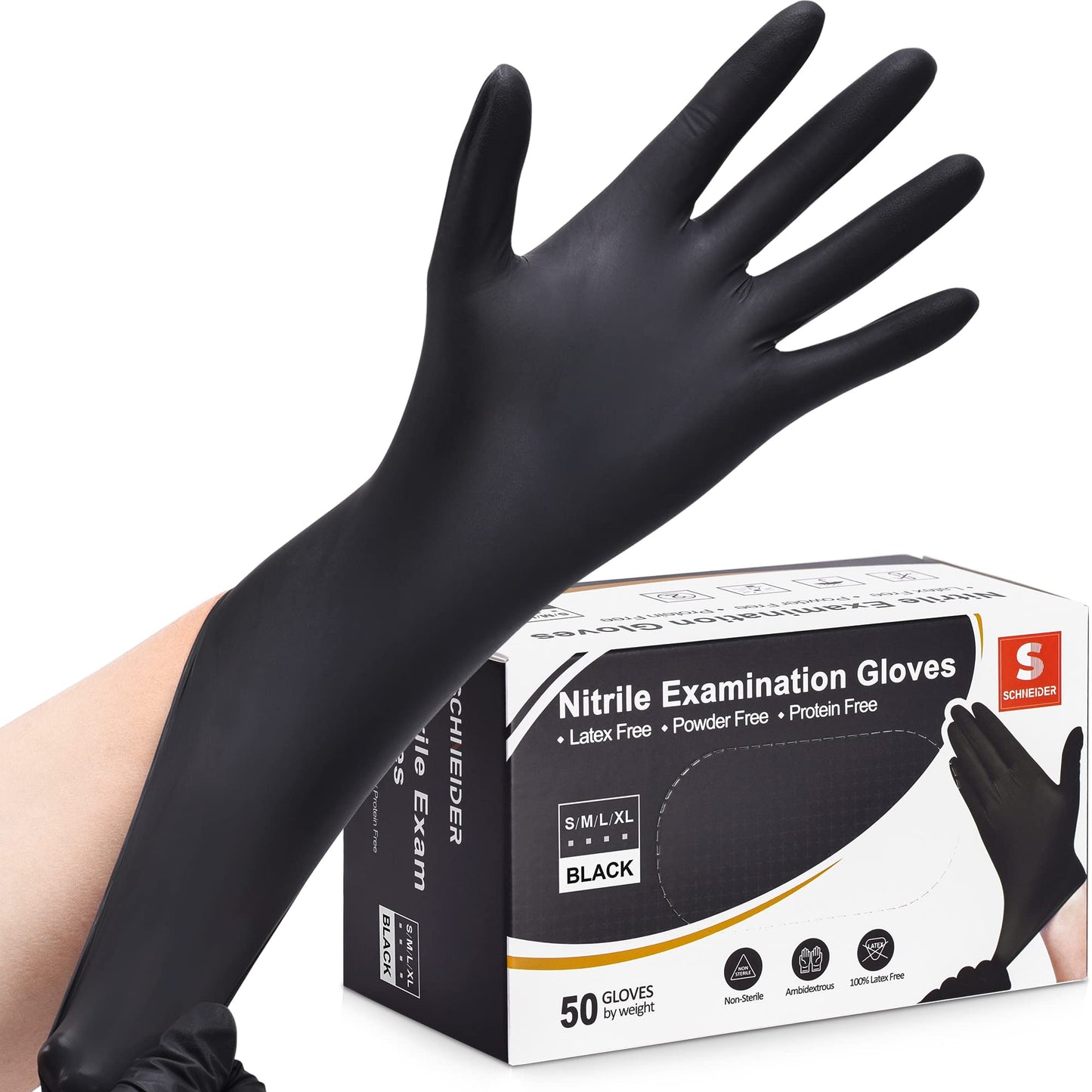 Schneider Nitrile Exam Gloves, Black, XL, 50-ct Box, 4-mil, Latex-Free, Powder-Free, Food-Safe (NBFK7114)