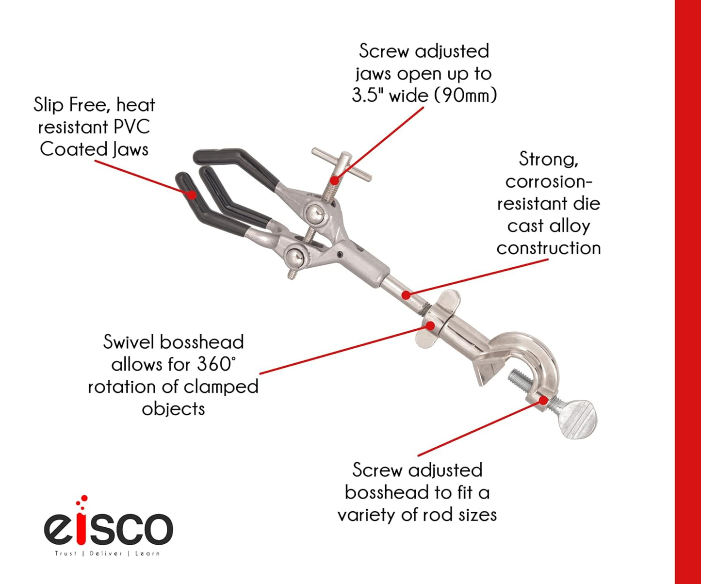 EISCO 3-Finger Lab Clamp with Bosshead Clamp Holder for Lab Stand Rod - PVC Coated Prongs for Holding Objects up to 3.5" Diameter - Beaker Holder, Flask Clamp with Swivel Boss Head