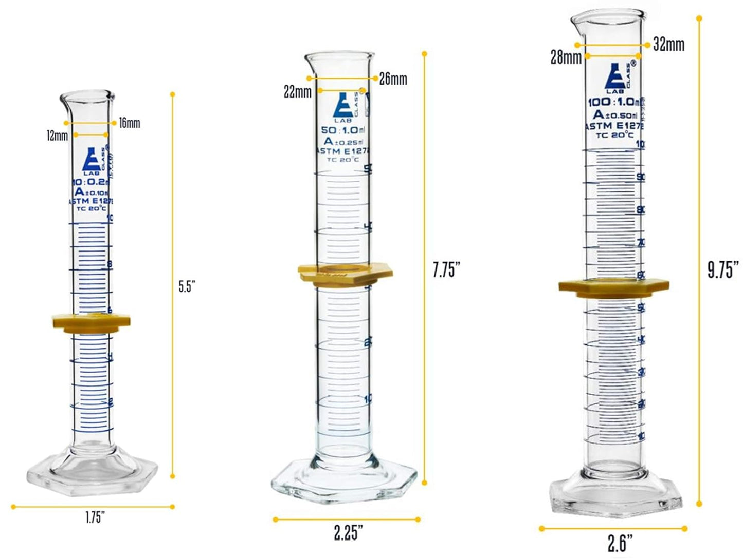 EISCO Laboratory Glassware Set, 9pcs - Includes Beaker Set (3pcs), Erlenmeyer Flask Set (3pcs), ASTM Class A Graduated Cylinder Set (3pc) - Chemistry Glassware - Made of Borosilicate 3.3 Glass