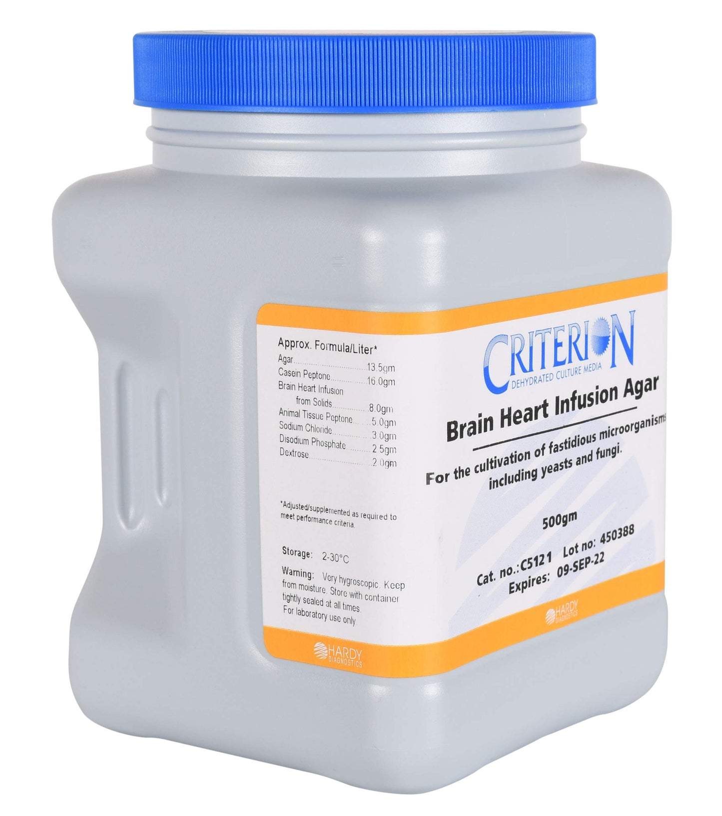 Brain Heart Infusion Agar, Criterion™ Dehydrated Culture Media, 500gm Wide-Mouth Bottle, by Hardy Diagnostics