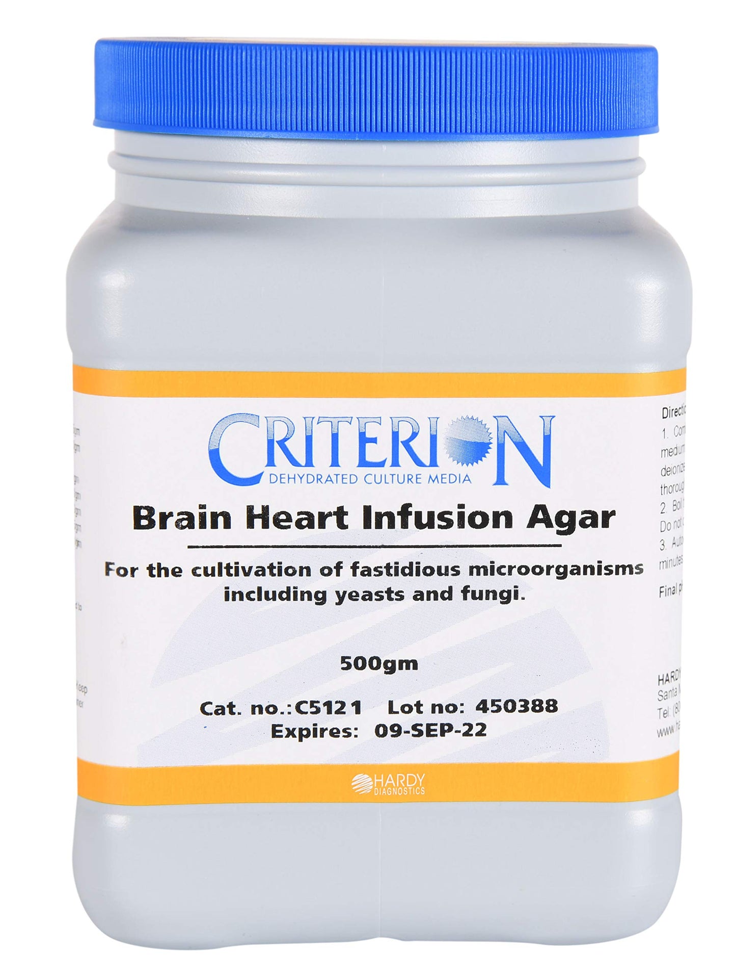 Brain Heart Infusion Agar, Criterion™ Dehydrated Culture Media, 500gm Wide-Mouth Bottle, by Hardy Diagnostics