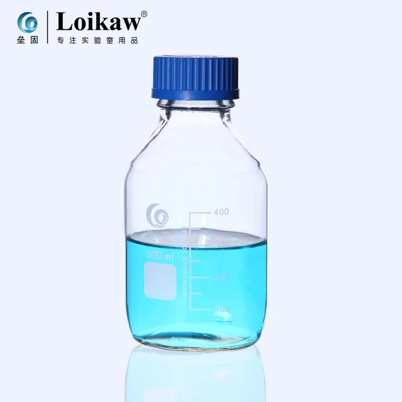 Glass Blue Transparent Reagent Bottle 100/250/500/1000ml Screw Mouth Scale Lab Sampling Bottle Transparent silk mouth bottle - Lab supply international 