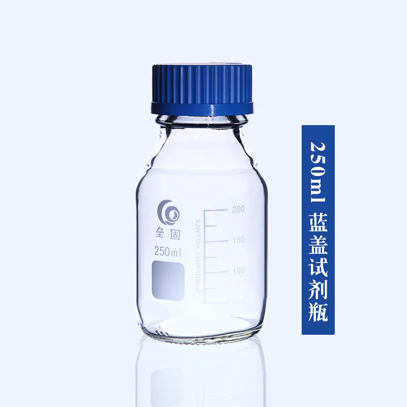 Glass Blue Transparent Reagent Bottle 100/250/500/1000ml Screw Mouth Scale Lab Sampling Bottle Transparent silk mouth bottle - Lab supply international 