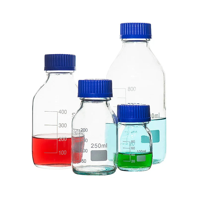 Glass Blue Transparent Reagent Bottle 100/250/500/1000ml Screw Mouth Scale Lab Sampling Bottle Transparent silk mouth bottle - Lab supply international 