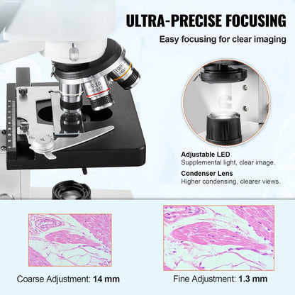 VEVOR Compound Trinocular Microscope 40X-2500/40X-5000X Magnification Lab Microscope with LED Illumination & External Interface