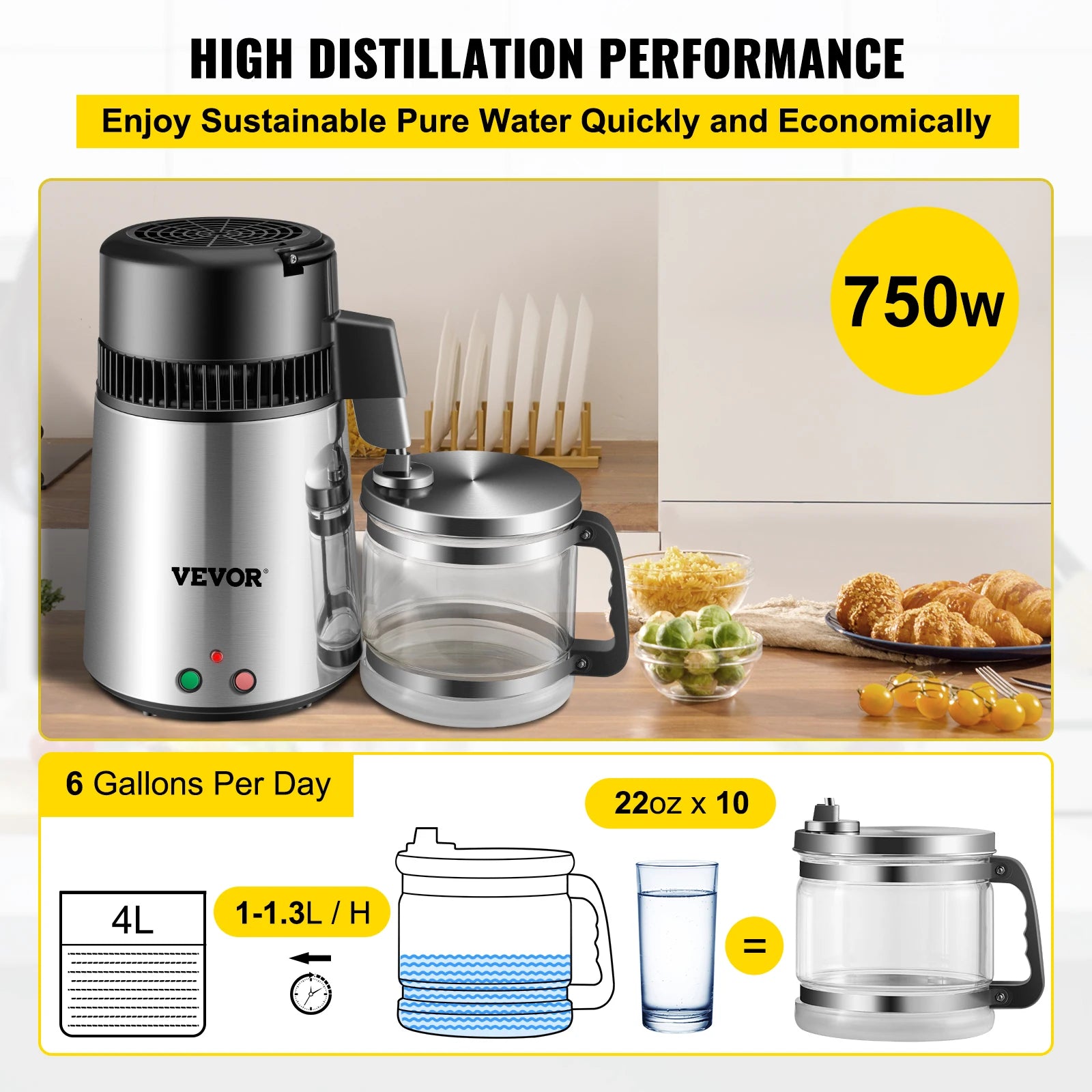 VEVOR 4L Water Distiller Purifier Filter for Drinking Water Bottle Electric Kettle Stainless Steel Cooler Office Home Appliances - Lab supply international 