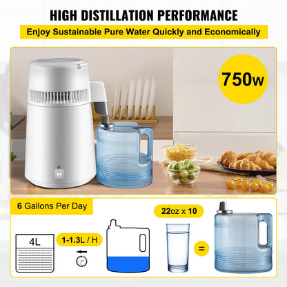 VEVOR 4L Water Distiller Purifier Filter Dispenser Heating Drinking Bottle Softener 304 Stainless Steel Home Appliance for Offic - Lab supply international 