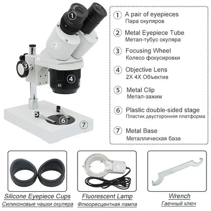 20X 40X Illuminated Industrial Stereo Microscope Soldering Repairing Tool for Mobile Phone Watch Clock Repairing PCB Inspection - Lab supply international 