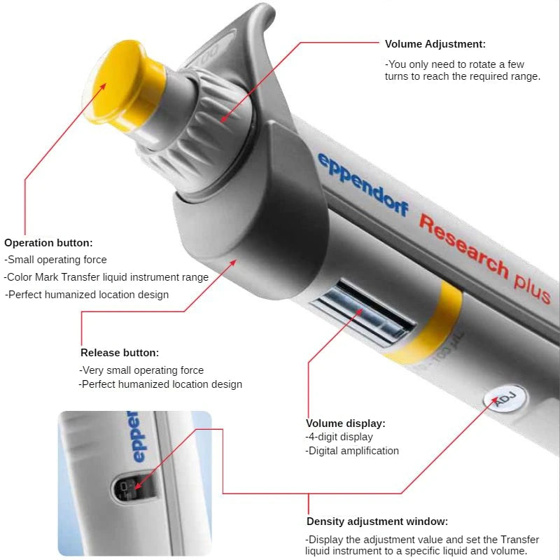 Scientific Lab Pipette Single Channel Adjustable Volume Eppendorf Research Plus Whole Sterilized Gas Piston Pipettor Elastic Tip