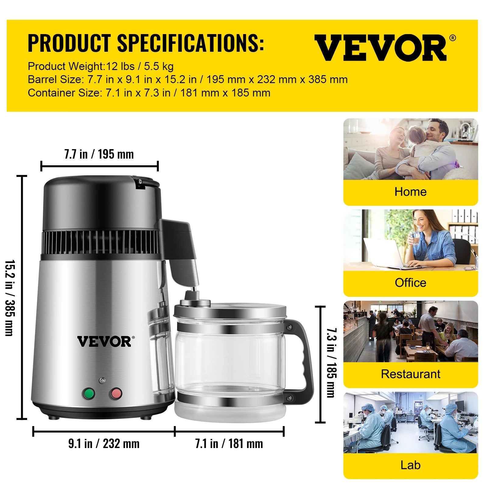 VEVOR 4L Water Distiller Purifier Filter for Drinking Water Bottle Electric Kettle Stainless Steel Cooler Office Home Appliances - Lab supply international 