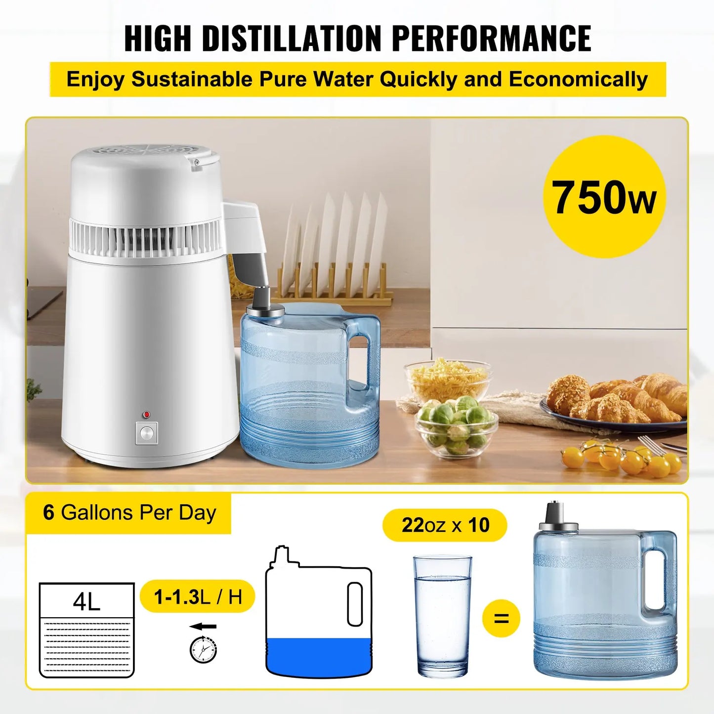 4L Water Distiller Purifier Filter Dispenser Heating Drinking Bottle Softener 304 Stainless Steel 750W Water Distiller Machine - Lab supply international 