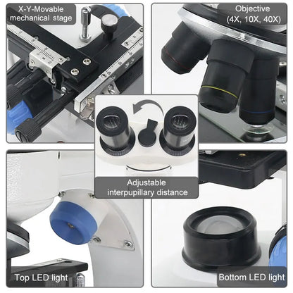 Biological Microscope with Digital Camera Wide-Field Eyepieces 40X-2000X Zoom Binocular Microscopes  Adjustable LED Lighting